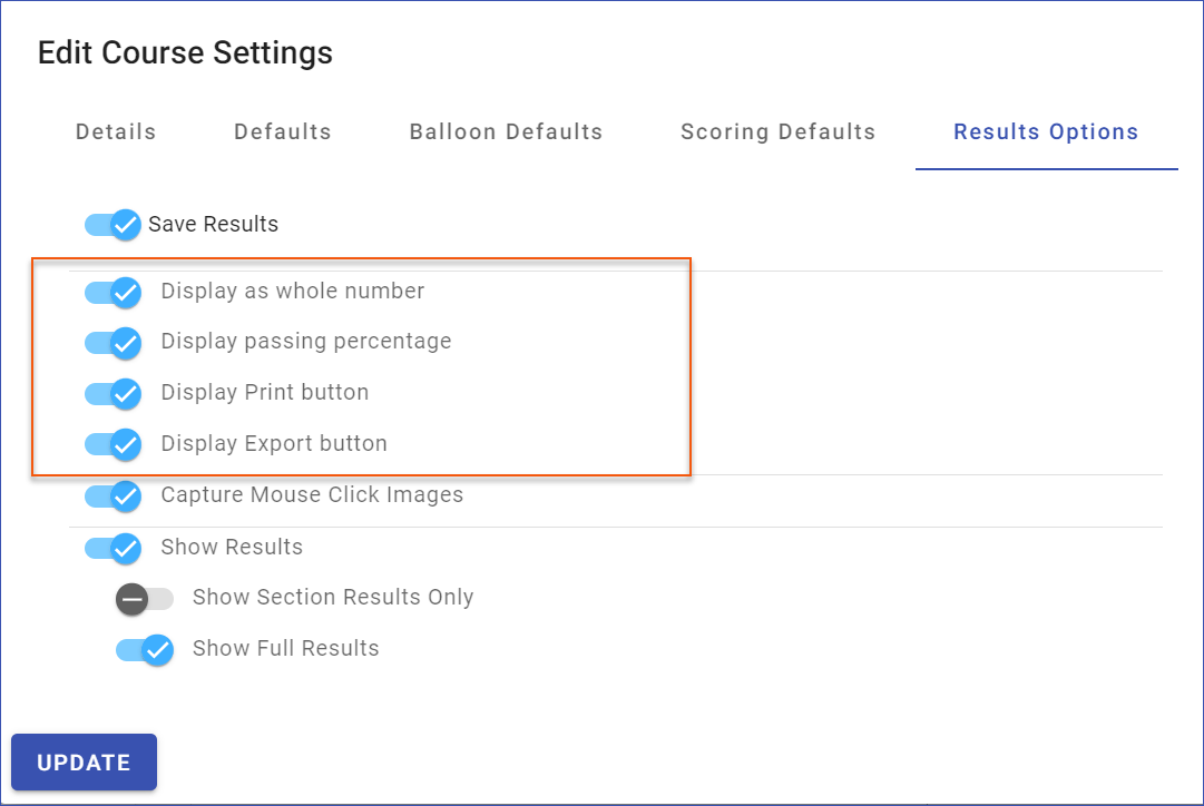 Course Settings - Results Options Tab