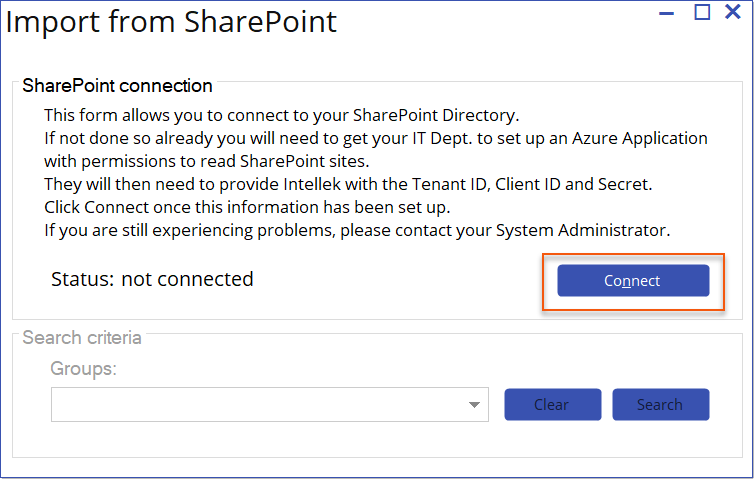 Import from SharePpoint Connection Form