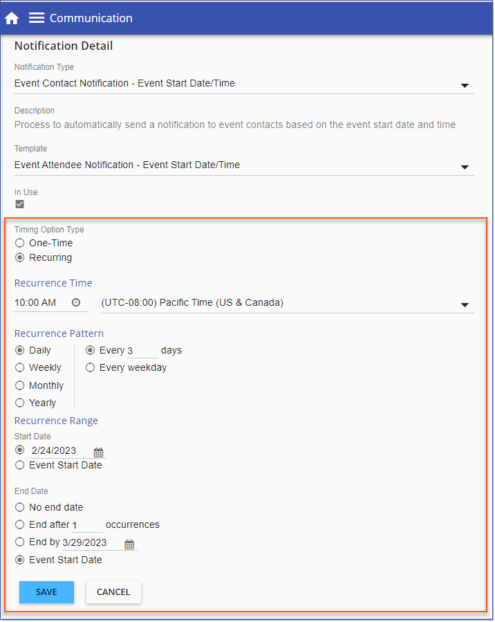 Recurring Notification Configuration Options