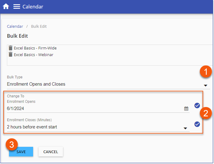 Calendar Bulk Edit - Enrollment Opens and Enrollment Closes (Minutes)