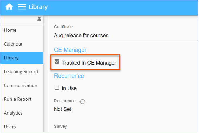 Scheduled Course Detail - Tracked in CE Manager
