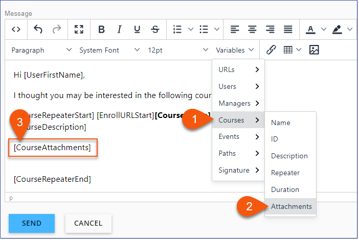 Send Email Page - Email Variable CourseAttachments