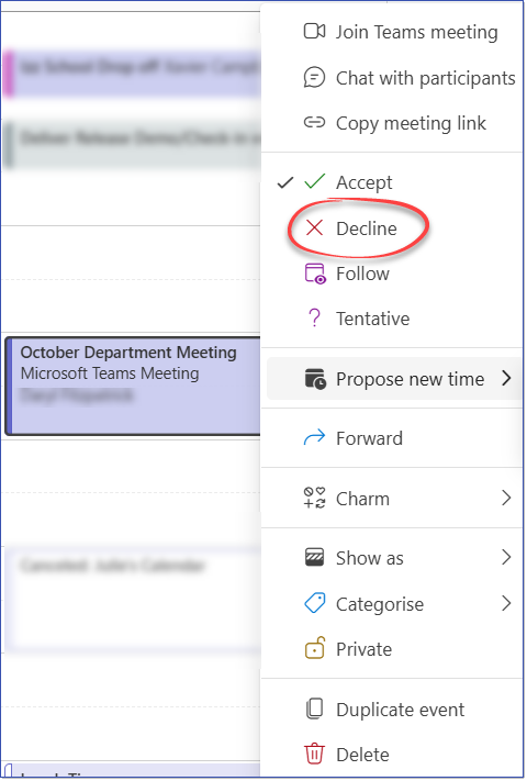 Teams Meeting - Right-Click > Decline